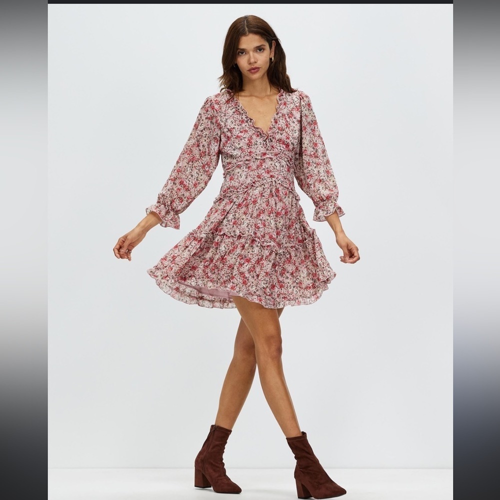 Apricot | Floral | Ruffle | Tiered | V-Neck | Long Sleeve | Mini Dress | Size 8 - Picture 11 of 16
